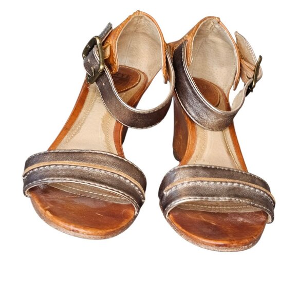 Frye Carol Seam Bronze Leather Open Toe Wedge Sandals Cognac Tan Size 7 - Picture 4 of 12